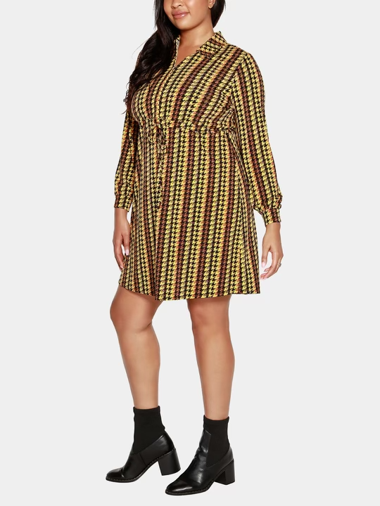 Belldini Black Label Women's Houndstooth Long Sleeve Shirt Dress