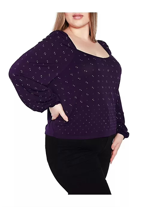 Belldini Black Label Women's Plus Size Embellished Blouson Sleeve Top