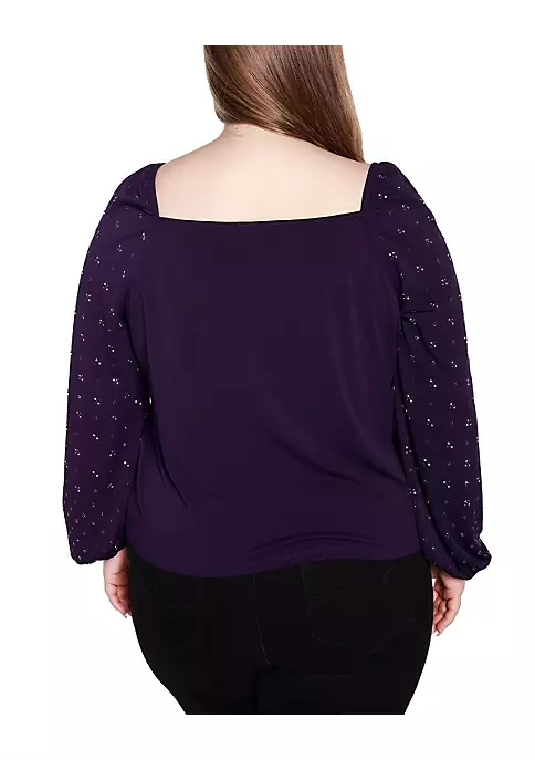 Belldini Black Label Women's Plus Size Embellished Blouson Sleeve Top
