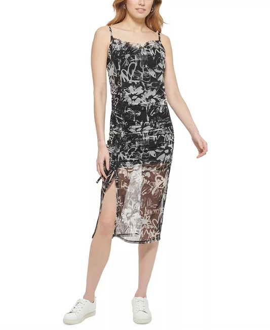 DKNY Jeans Women's Printed Mesh Side-Ruched Dress