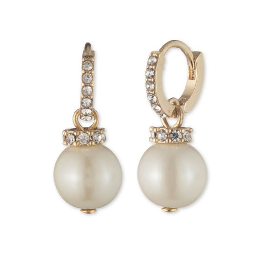 Lauren Ralph Lauren Gold-Tone Pavé & Imitation Pearl Charm Huggie Hoop Earrings