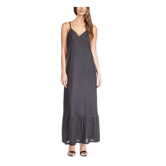 Michael Michael Kors Womens Black Embellished Adjustable Lined Ruffled Hems Spaghetti Strap V Neck Maxi Evening Shift Dress