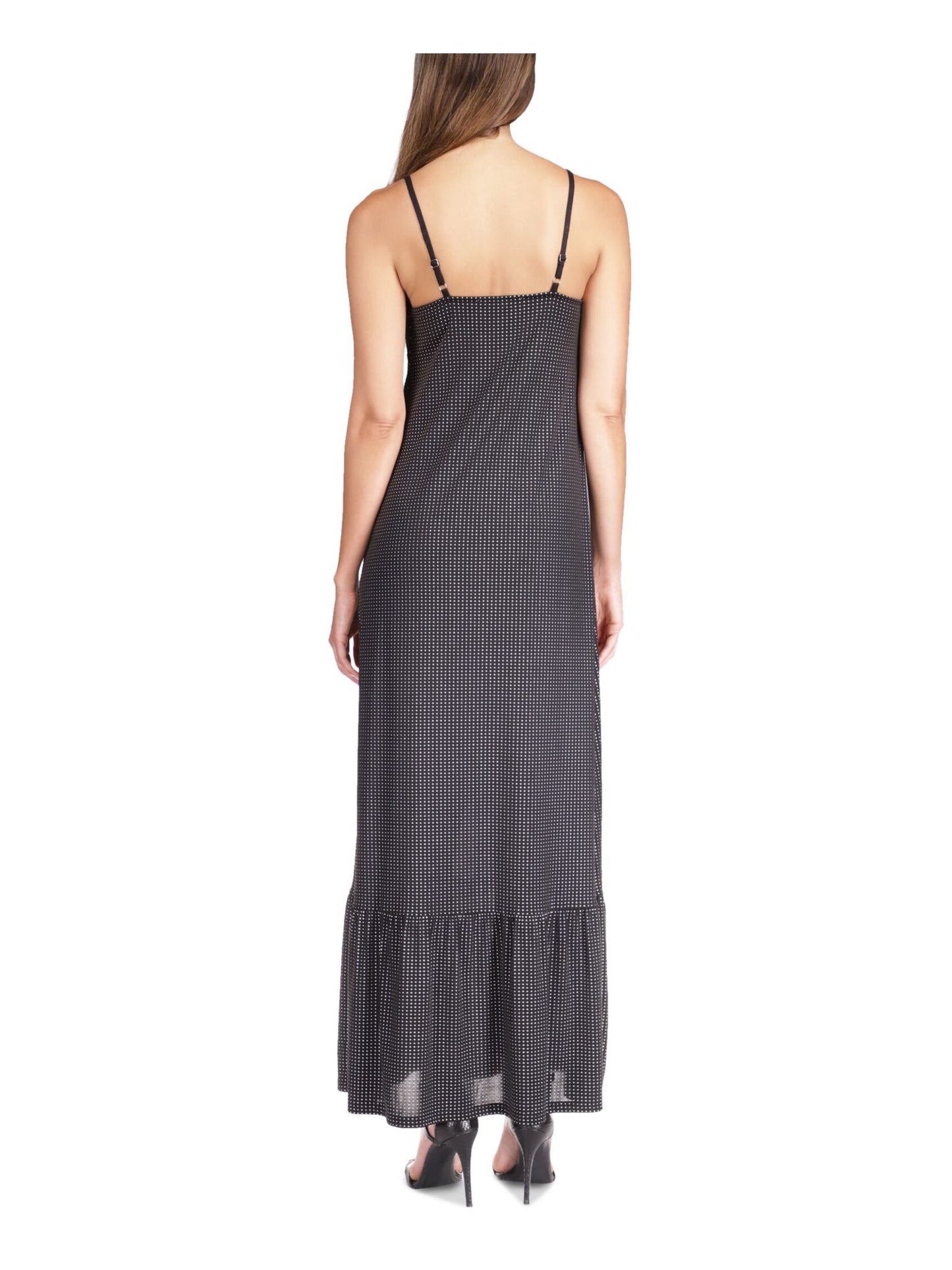 Michael Michael Kors Womens Black Embellished Adjustable Lined Ruffled Hems Spaghetti Strap V Neck Maxi Evening Shift Dress