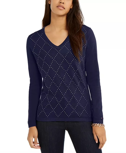 Tommy Hilfiger Women's Ivy Studded Argyle V-Neck Sweater