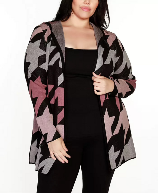 BELLDINI Plus Size Hooded Houndstooth Cardigan