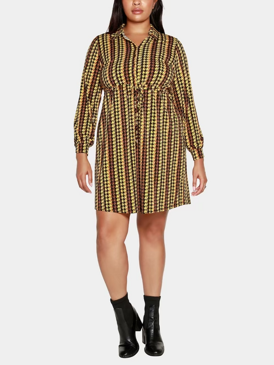 Belldini Black Label Women's Houndstooth Long Sleeve Shirt Dress