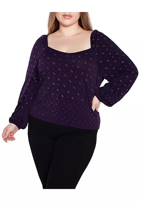 Belldini Black Label Women's Plus Size Embellished Blouson Sleeve Top