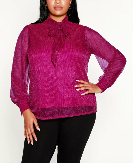 Belldini Black Label Women's Plus Size Lurex Blouson Sleeve Wrap Top