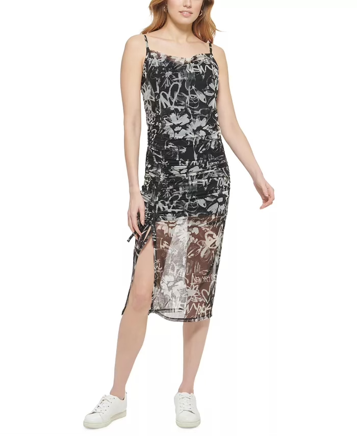 DKNY Jeans Women's Printed Mesh Side-Ruched Dress