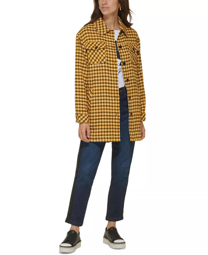 Karl Lagerfeld Paris Women's Plaid Long Button-Down Jacket