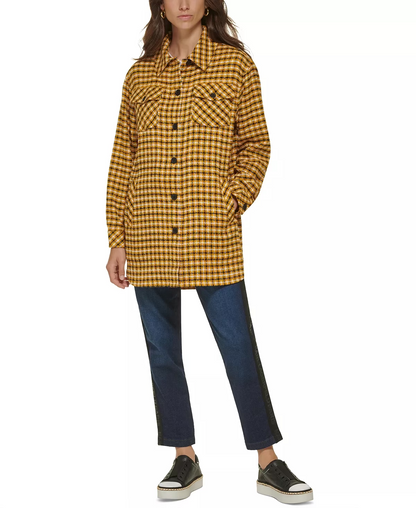 Karl Lagerfeld Paris Women's Plaid Long Button-Down Jacket