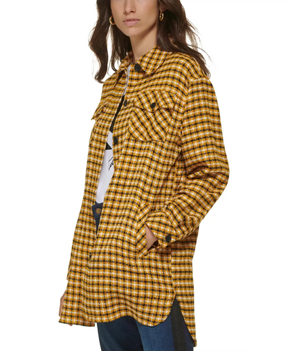 Karl Lagerfeld Paris Women's Plaid Long Button-Down Jacket