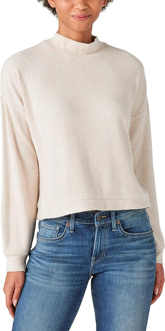 Lucky Brand Cloud Ribbed Mock Neck Bubble Sleeve Top