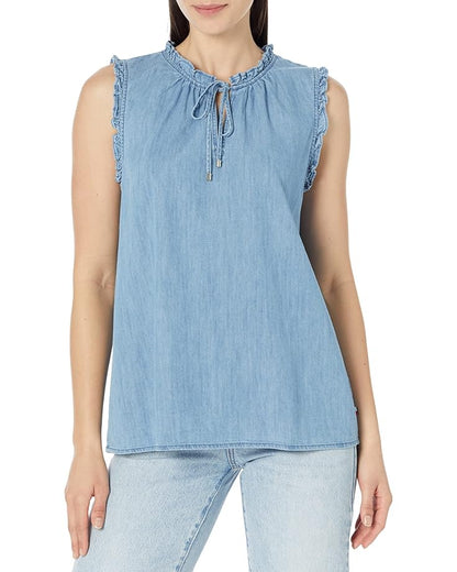 Tommy Hilfiger Women's Sleeveless Ruffle Chambray Blouse J2AMC046